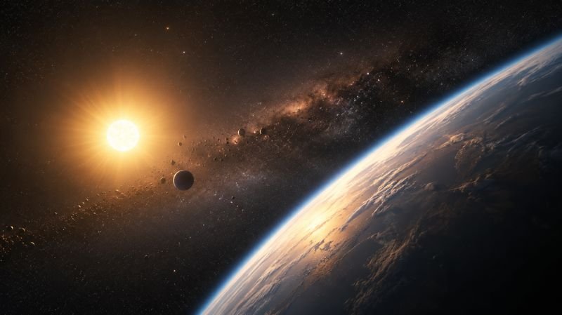 View of the Sun shining brightly in space with Earth’s curved horizon illuminated by sunlight, surrounded by stars and distant celestial objects.