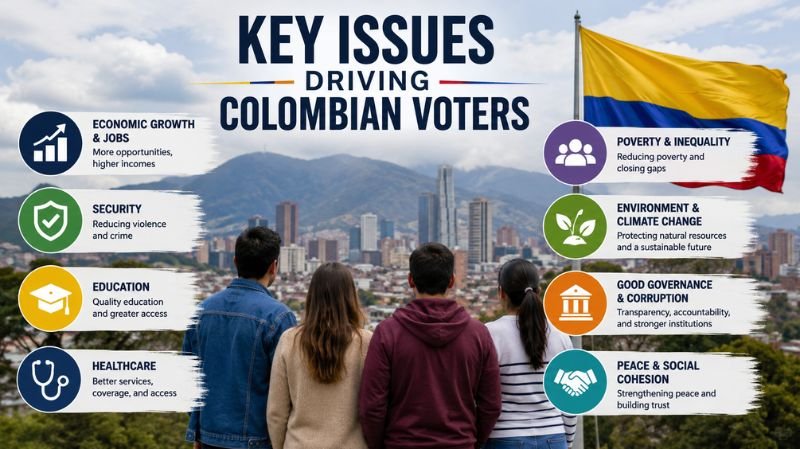 Illustration showing Colombian voters overlooking a city skyline with the Colombian flag in the background, highlighting major election issues including the economy, security, education, healthcare, poverty, climate change, governance, and peace.