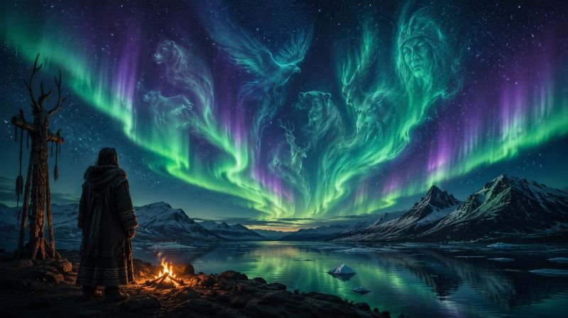 Mystical northern lights illuminate a snowy Arctic landscape as a lone figure stands beside a campfire, gazing at aurora formations that resemble ancient spirits, animals, and legendary beings in the night sky.
