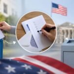 A voter completes a mail-in ballot and submits it through postal and secure ballot drop-off systems, illustrating the postal voting process in the United States.