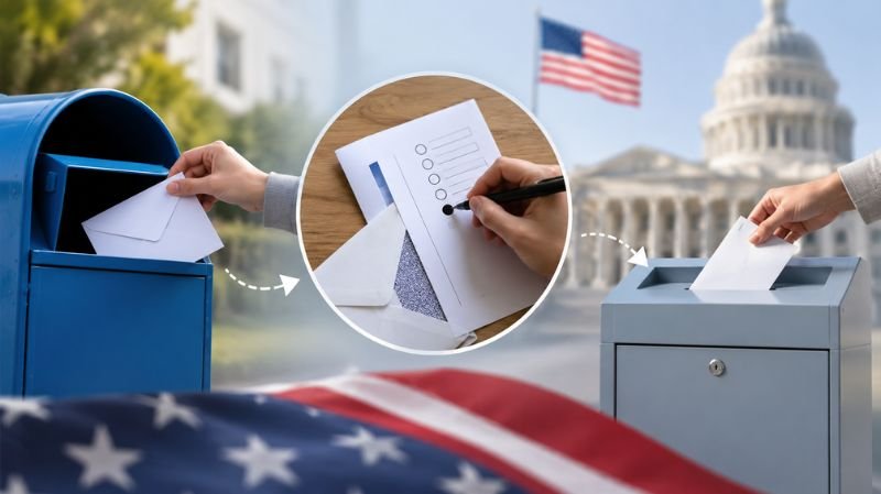 A voter completes a mail-in ballot and submits it through postal and secure ballot drop-off systems, illustrating the postal voting process in the United States.