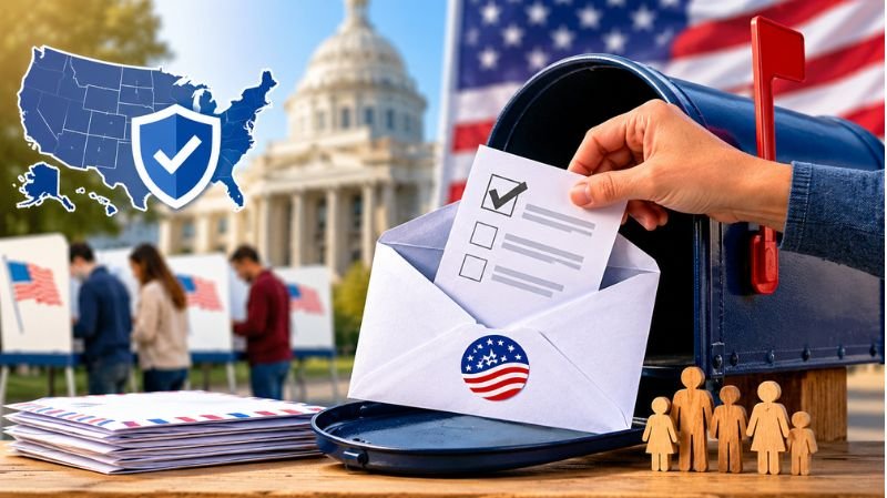 A voter inserts a mail-in ballot envelope into a mailbox beside election documents and a ballot drop box, with a government building in the background.