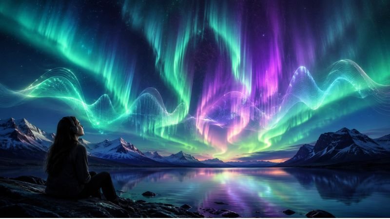 Colorful green and purple aurora lights ripple across a starry night sky above a calm mountain lake, while glowing wave-like patterns symbolize the mysterious sounds sometimes associated with auroras.