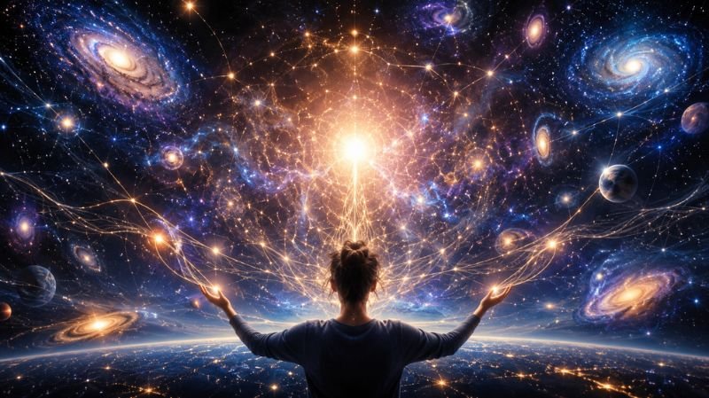 A person stands beneath a vast cosmic sky, connected to glowing streams of energy that radiate through galaxies, stars, and planets, symbolizing a deep connection to the universe.
