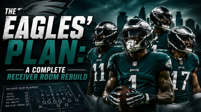 Philadelphia Eagles-themed graphic showing multiple wide receivers in uniform standing in front of a city skyline and stadium backdrop, representing a complete rebuild of the team's receiver room.