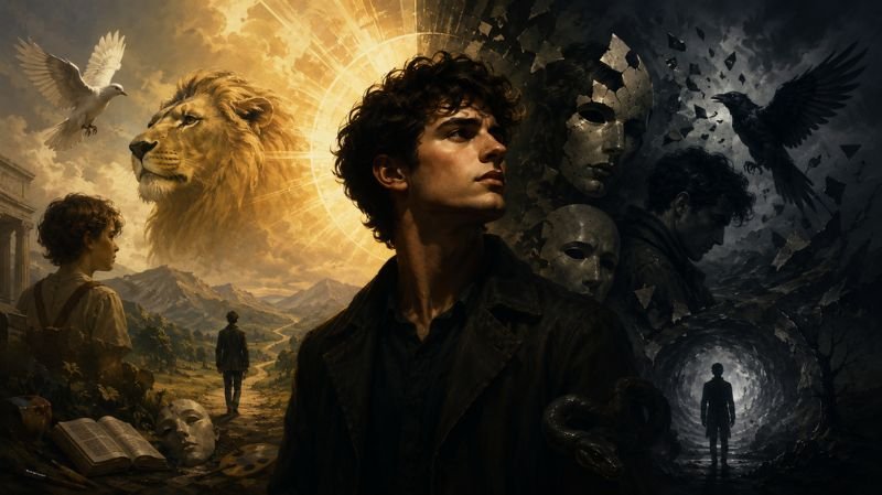 A symbolic fantasy-style illustration featuring a central young character surrounded by contrasting imagery of light and darkness, including a lion, dove, raven, shattered masks, a serpent, and winding paths, representing themes of identity, transformation, courage, and inner conflict.