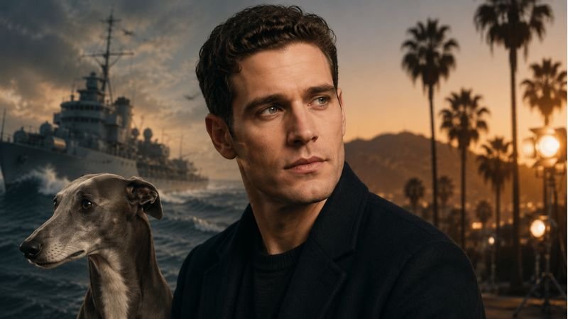 Tom Brittney with a greyhound against a cinematic backdrop blending dramatic seascape and Hollywood scenery.