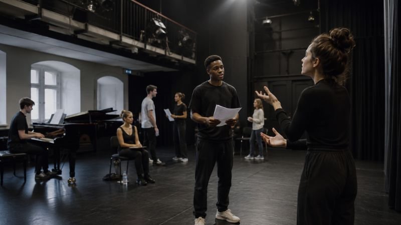 Students participating in an acting rehearsal during training at a professional drama school in a theater studio.