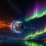 Illustration of the Sun releasing charged particles toward Earth, showing the interaction with Earth's magnetic field that creates colorful green and purple aurora borealis lights over a snowy mountain landscape.
