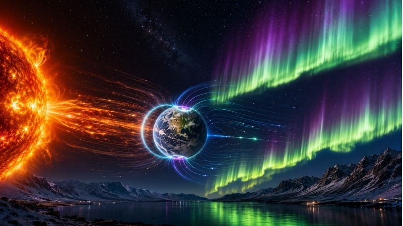Illustration of the Sun releasing charged particles toward Earth, showing the interaction with Earth's magnetic field that creates colorful green and purple aurora borealis lights over a snowy mountain landscape.