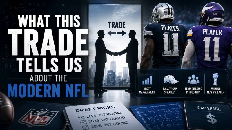 Illustration depicting a modern NFL trade, featuring two football players from opposing teams, executives shaking hands during a deal, and graphics representing draft picks, salary cap management, and team-building strategies.