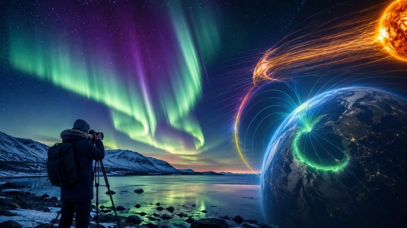Vibrant green and purple aurora borealis illuminating a snowy Arctic landscape while a photographer captures the scene, alongside a scientific visualization of Earth’s magnetic field interacting with solar wind from the Sun.