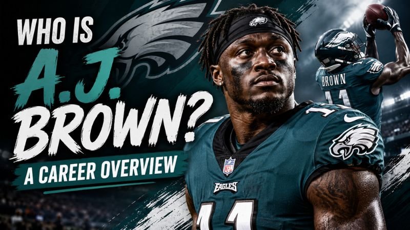 Portrait of NFL wide receiver A.J. Brown in a Philadelphia Eagles uniform, with action shots in the background and bold text reading “Who Is A.J. Brown? A Career Overview.