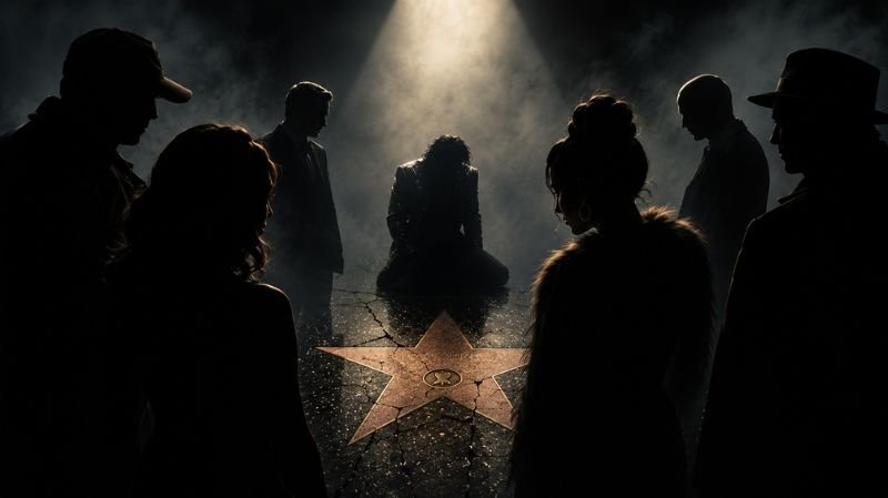 Shadowy figures surround a central kneeling person under a spotlight in a dark, mysterious crime-scene setting, suggesting multiple suspects in an unresolved killing.