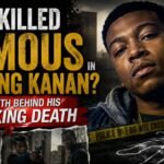 Dramatic crime-themed illustration featuring Famous from Raising Kanan with police tape, a chalk outline, and a dark urban background symbolizing the mystery surrounding his death.
