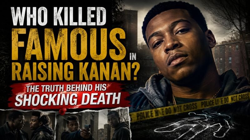 Dramatic crime-themed illustration featuring Famous from Raising Kanan with police tape, a chalk outline, and a dark urban background symbolizing the mystery surrounding his death.
