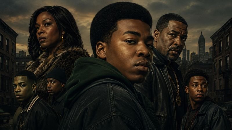 A dramatic urban portrait featuring a young man standing in the foreground with several serious-looking individuals behind him against a city skyline at dusk, capturing the tense atmosphere of a crime drama.