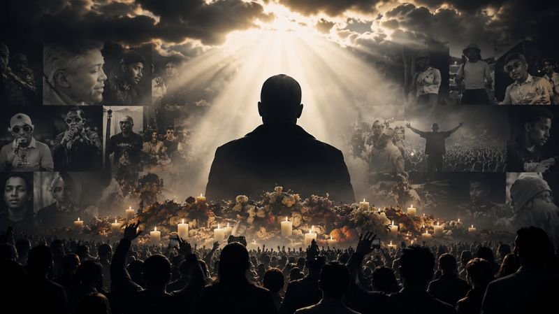 Dramatic memorial scene featuring a silhouetted figure standing before a glowing beam of light, surrounded by candles, flowers, and a large crowd paying tribute, symbolizing the lasting impact of a significant loss.