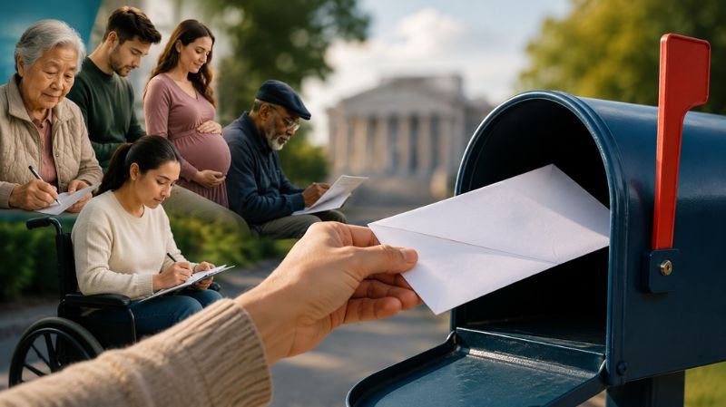 A voter places a mail-in ballot into a mailbox while people of different ages and backgrounds complete postal voting forms, highlighting accessible and inclusive participation in elections.