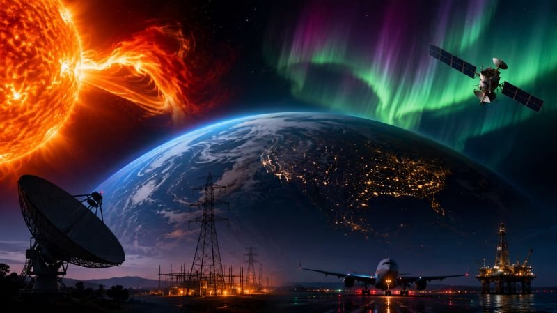 A dramatic view of Earth from space showing intense solar activity, colorful auroras, an orbiting satellite, power transmission infrastructure, a radio telescope, and an airplane, illustrating how space weather can affect modern technology and global systems.