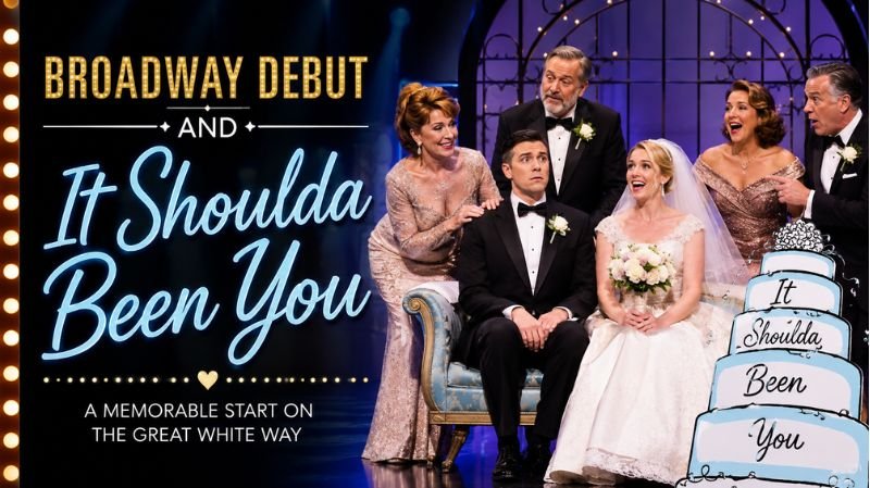 Broadway stage-inspired artwork featuring a wedding-themed musical scene representing It Shoulda Been You and a performer's Broadway debut.