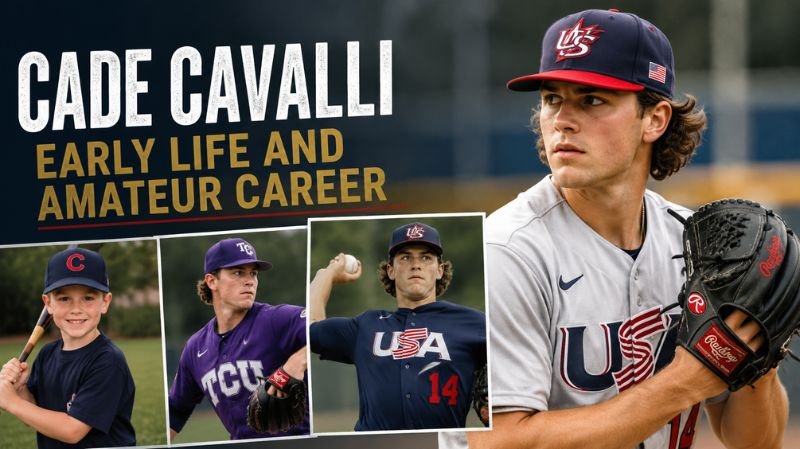 Cade Cavalli during his early baseball journey, featuring youth, amateur, and USA Baseball moments alongside a portrait of the pitcher preparing to throw.