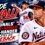 Cade Cavalli of the Washington Nationals in a pitching stance, highlighting his return to the mound with a dramatic baseball stadium background and bold comeback-themed graphics.
