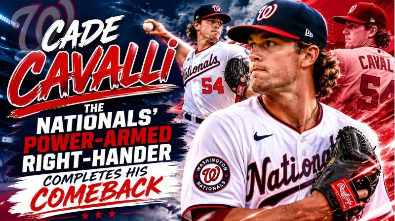 Cade Cavalli of the Washington Nationals in a pitching stance, highlighting his return to the mound with a dramatic baseball stadium background and bold comeback-themed graphics.