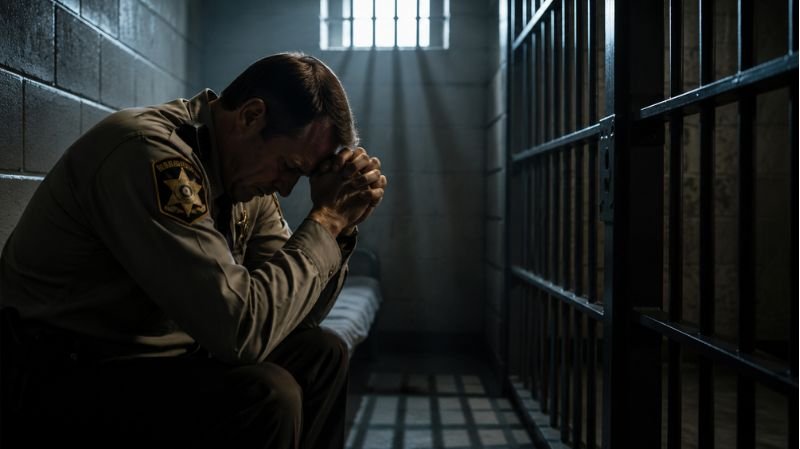 A distressed sheriff's deputy sits alone inside a dimly lit jail cell, illustrating the emotional toll of confinement in a dystopian setting.