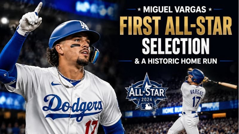 Miguel Vargas celebrates his first MLB All-Star selection while a second action shot captures him hitting a historic home run in a packed baseball stadium.