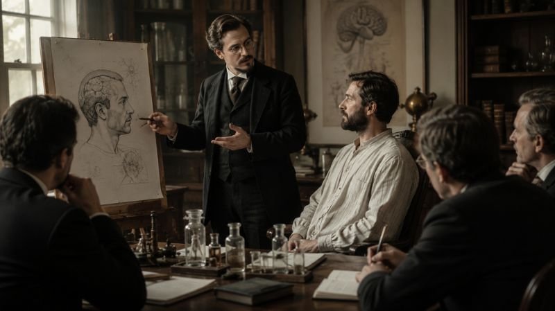 A tense underground medical meeting where residents discuss the mysterious Syndrome in a dimly lit dystopian setting.