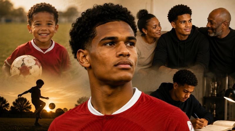 Jarell Quansah depicted with scenes representing his childhood, family support, and early football journey.