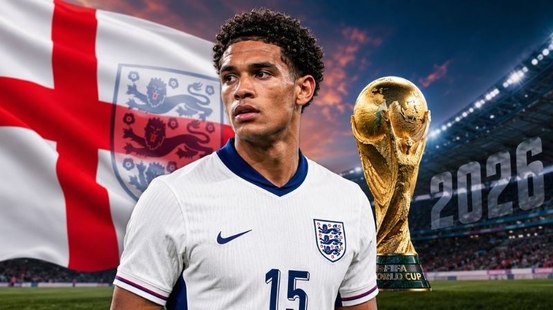 Jarell Quansah in an England kit with the FIFA World Cup trophy and England flag in the background, symbolizing his international career and 2026 World Cup ambitions.