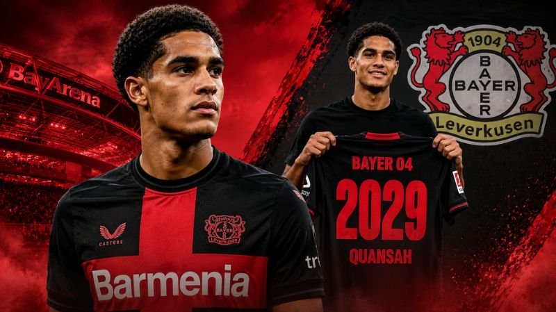 Digital sports artwork showing Jarell Quansah in Bayer Leverkusen colors, featuring a close-up portrait and a second pose holding a Bayer 04 shirt inside a dramatic stadium setting.