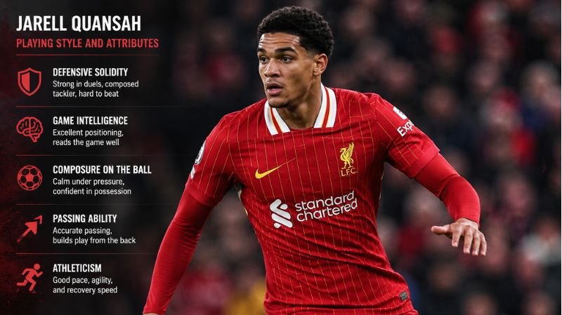 Jarell Quansah in action for Liverpool, highlighting his defensive ability, composure on the ball, passing range, athleticism, and tactical awareness.