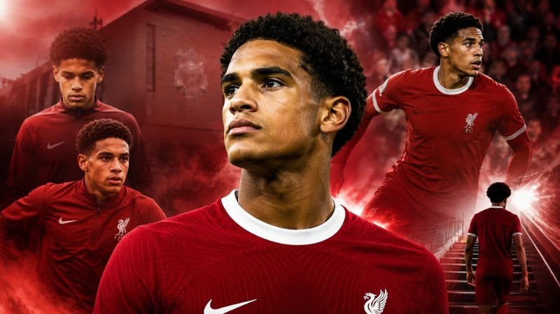 Jarell Quansah in a Liverpool kit with academy and first-team action scenes representing his rise through the club's youth system.