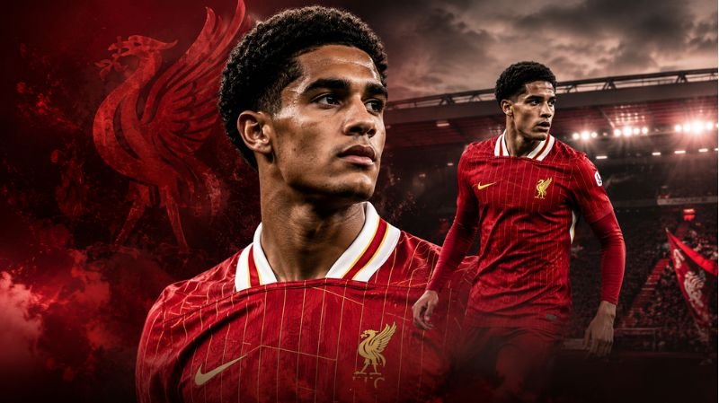 Young Liverpool footballer featured in a dramatic stadium montage wearing the club's red home kit, with the Liverpool Liver Bird crest in the background.
