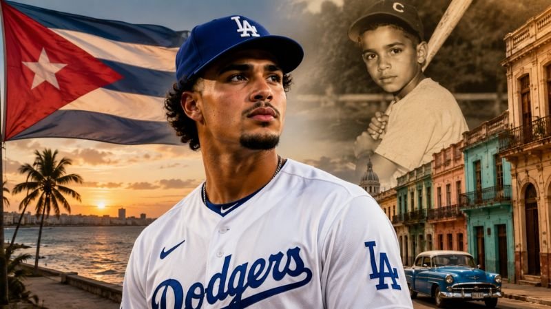 Miguel Vargas in a baseball uniform with the Cuban flag, Havana cityscape, and a childhood portrait representing his early life and Cuban roots.