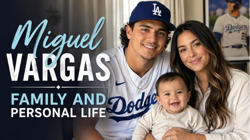 Miguel Vargas smiling with his family in a warm home setting, representing his family and personal life beyond professional baseball.