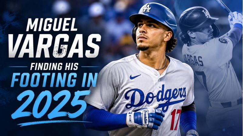 Miguel Vargas in a Los Angeles Dodgers uniform representing his progress and development during the 2025 MLB season.