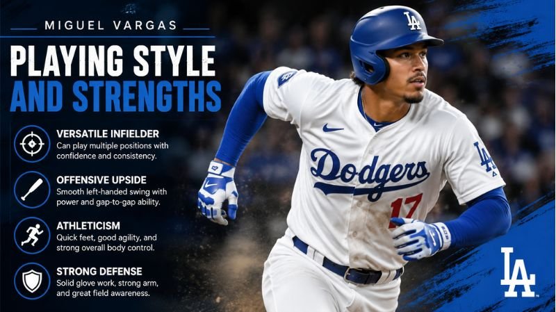 Miguel Vargas sprinting in a Los Angeles Dodgers uniform with a graphic highlighting his playing style and strengths, including versatility, offensive upside, athleticism, and strong defense.