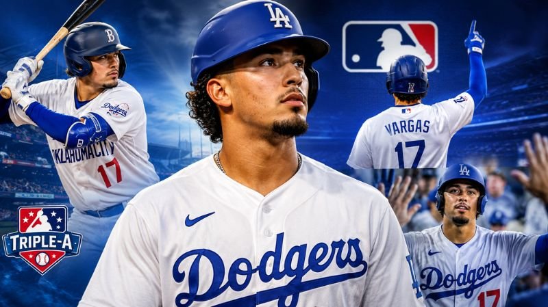 Miguel Vargas in Los Angeles Dodgers uniform showcasing his rise from Triple-A baseball to his MLB debut.