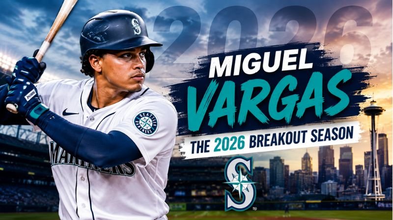 Miguel Vargas batting during the 2026 breakout season with a baseball stadium and city skyline in the background.