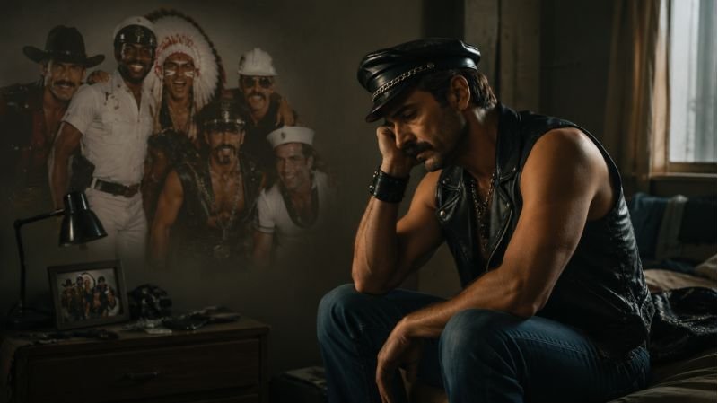 A thoughtful male performer sits alone in a dimly lit room, reflecting on life after his years with a famous disco group, while a faded group photo in the background symbolizes past success.
