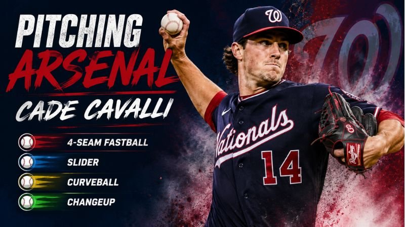 Cade Cavalli throwing a pitch in a Washington Nationals uniform, highlighting his pitching arsenal including fastball, slider, curveball, and changeup.