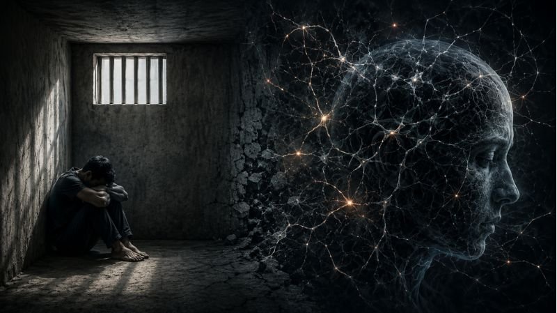 A solitary person sits in a dark, confined concrete room while a glowing neural network forms the outline of a human head, symbolizing the psychological effects of prolonged confinement.