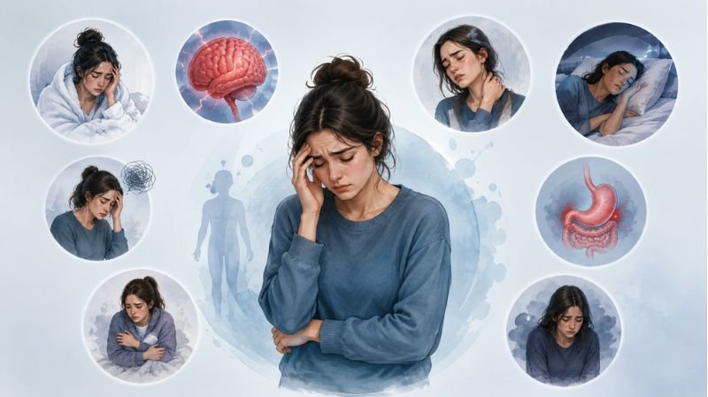 Illustration of a distressed person with visual representations of headaches, fatigue, neck pain, stomach issues, and other symptoms associated with the Syndrome.