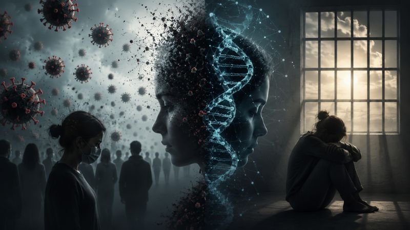 Conceptual illustration showing a DNA strand, isolated figures, and a confined underground setting representing the debate over whether the Syndrome is genetic or a response to confinement in Silo.