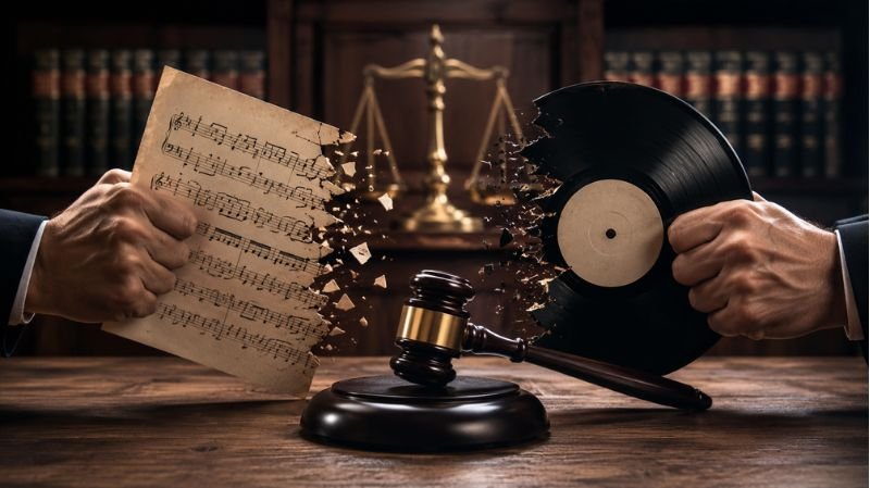 A courtroom gavel sits between a vinyl record and sheet music, symbolizing a legal dispute over music copyright and song ownership rights.