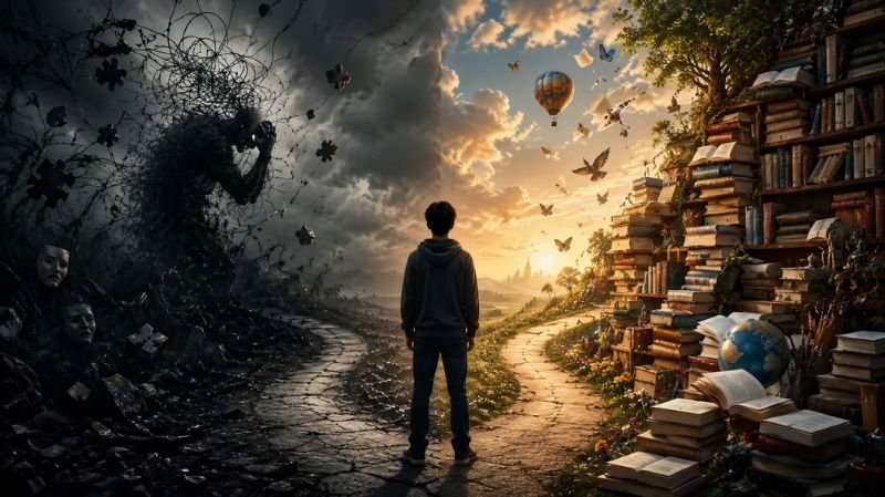 A dimly lit underground silo corridor with a lone resident standing between a mysterious medical examination area and a stack of worn books, symbolizing the TV show's original Syndrome storyline versus the source novels.